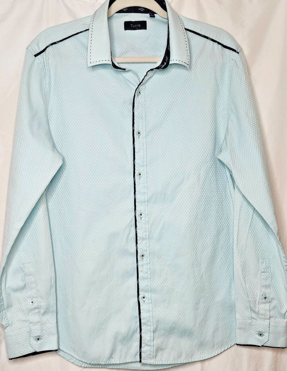 Western Detail Mens Dress Shirt L 18 Neck Mint Green Spread Collar Sheen EUC